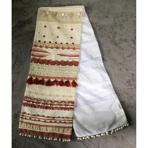 Pier 1 Imports Table Runner BOHO White Tan Rust Ball Fringe 72 x 13 in India